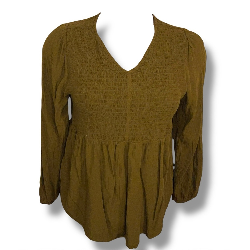 0x Sonoma Green Smocked Boho Peasant Top Vneck Bohemian Stretch